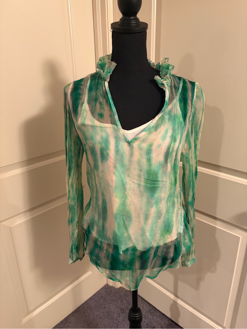 Anthropologie Green and White Tie-Dye Ruffled V-Neck Blouse
